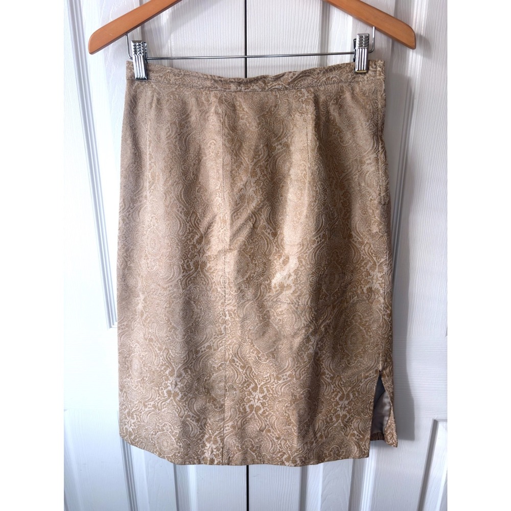 VINTAGE 1990's Terry Lewis Tan Leather Paisley Jacquard Midi Pencil Skirt M